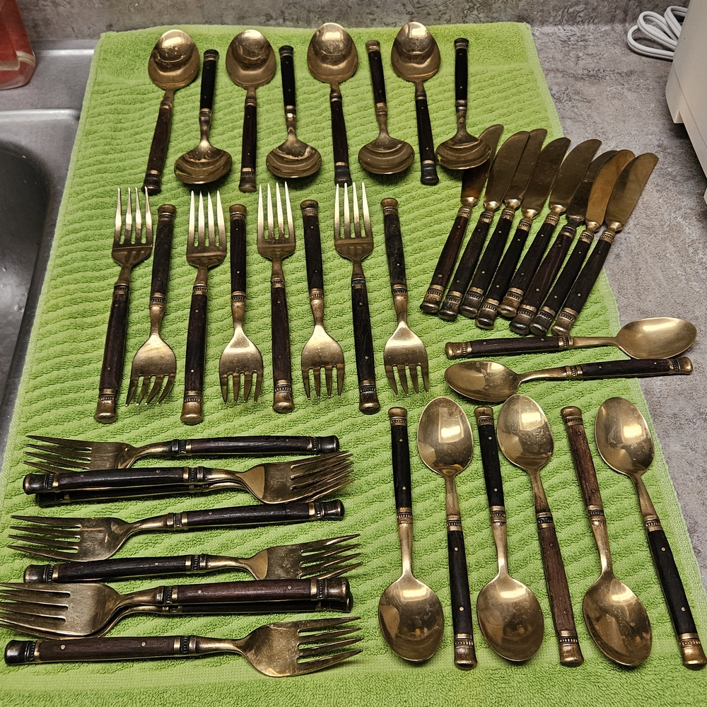 Vintage Midcentury Brass and Wood Cutlery Set